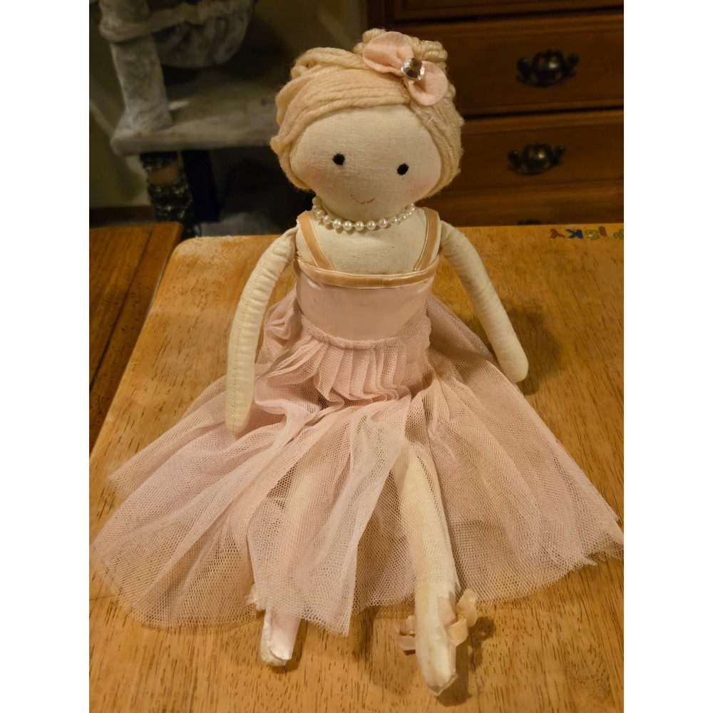 Handmade‎ Ballerina Rag Doll Pink Tulle Tutu Yarn Hair Faux Pearls 14 Inch